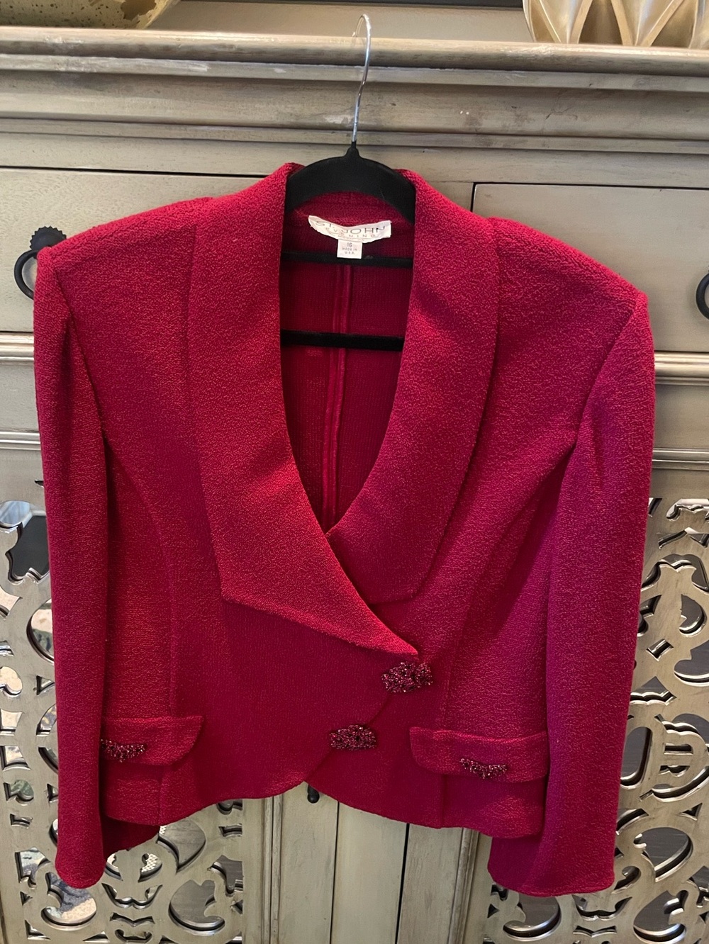 St John Evening Women's Red Textured Shawl Collar Jacket